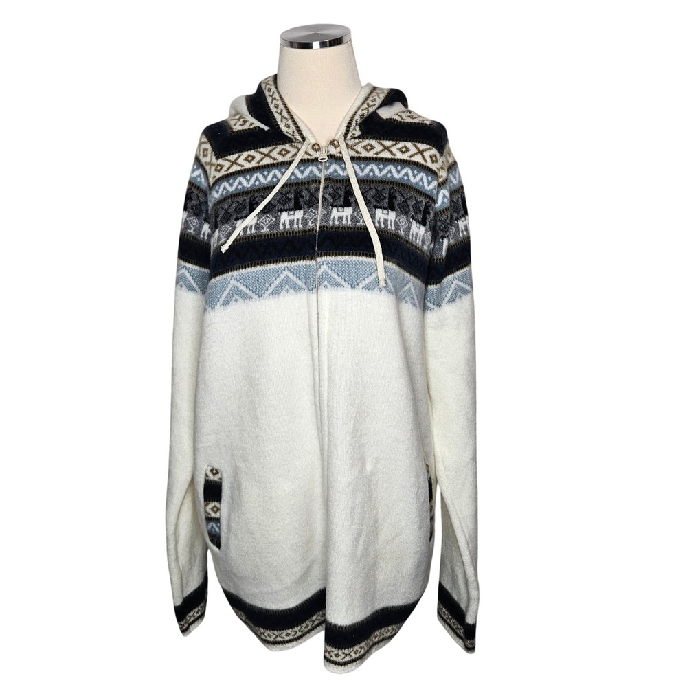 Artisan Llama Fair Isle Full Zip Hooded Sweater Cream Blue Boho Nordic Knit M XL
